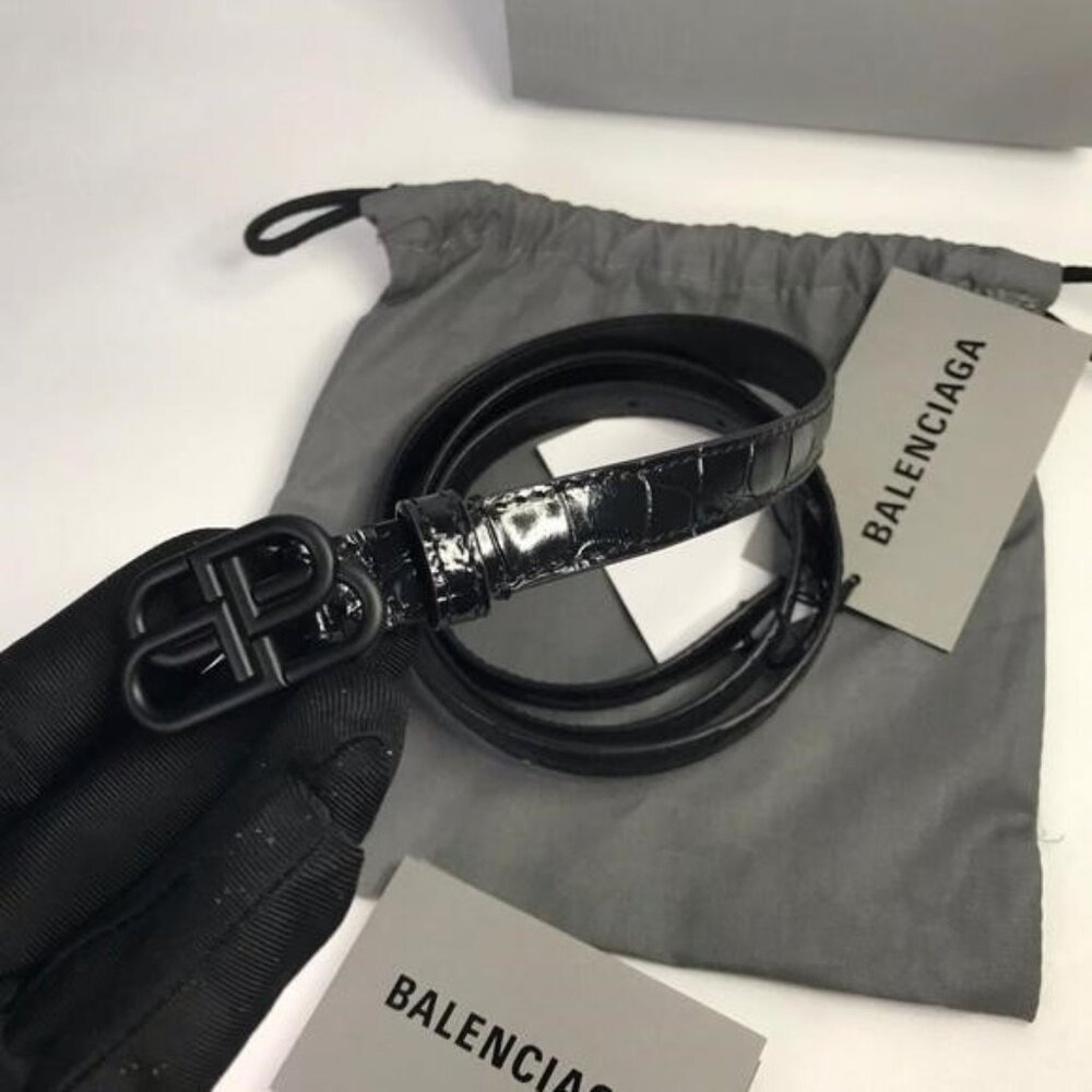New Authentic Balenciaga BB Logo Buckle Croc Embossed Leather Skinny Belt - Picture 13 of 14
